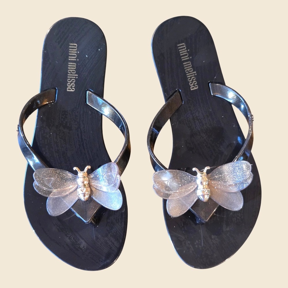 Mini Melissa Kids Black‎ Jelly Butterfly Flip Flop Sandals Size 12 PVC Shoes
